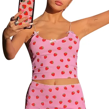 

Cute Women Girls Cropped Camis Vest Tops Strap Strawberry Print Summer Crop Tops for Women Vintage Sweet Ladies Club Tops