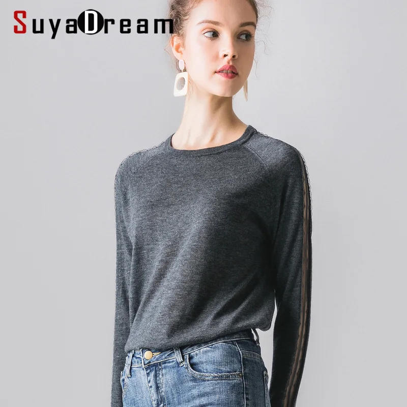 SuyaDream женские свитера из 100% шерсти одноцветные с кружевными рукавами круглым