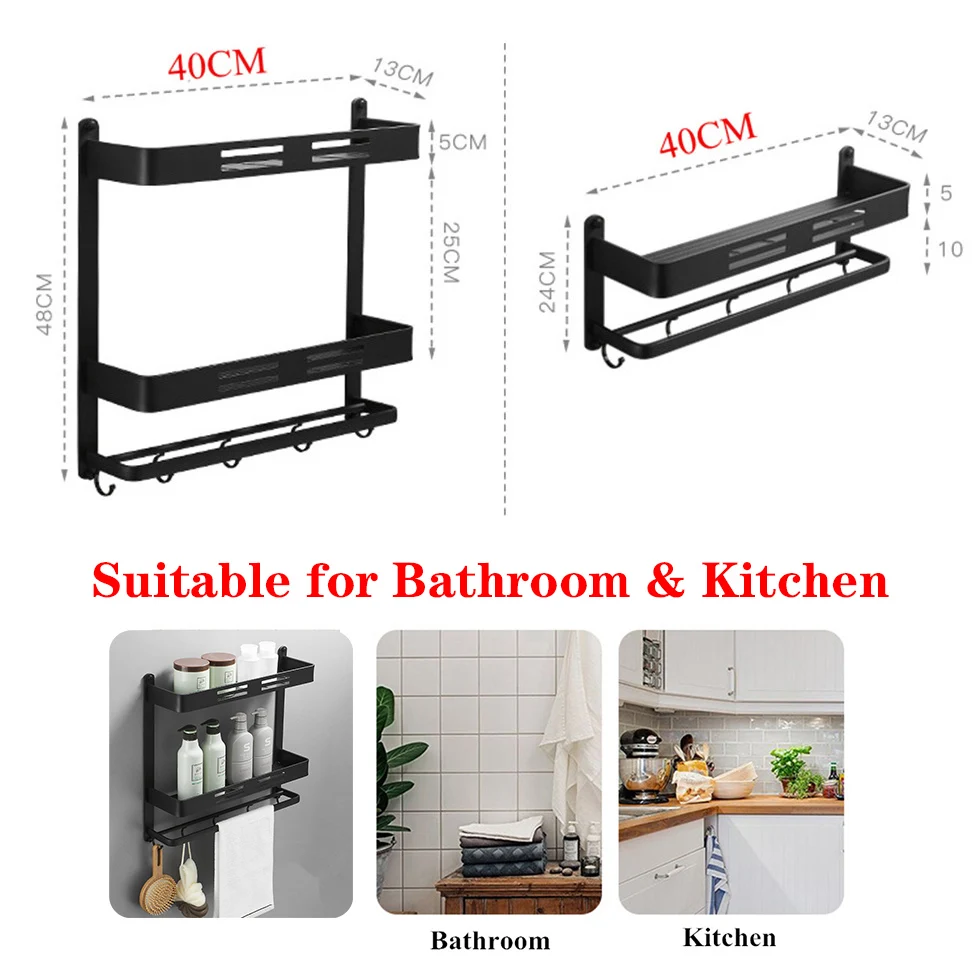 Black Bathroom Shelf Shower Caddy Wall Mounted Kitchen Bath Rack with Bar  Hook Space Aluminum Shelves Organizer Storage etagere