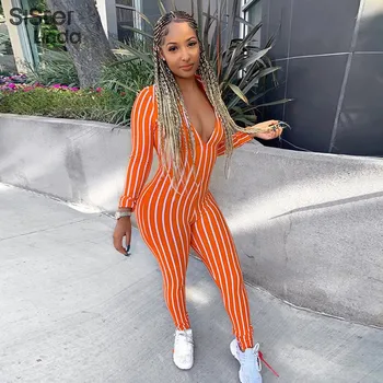 

Sisterlinda Zipper Striped V-neck Sexy Jumpsuits Women Full Sleeve Fitness Rompers Womens Jumpsuit Bodycon Fashion Skinny Romper