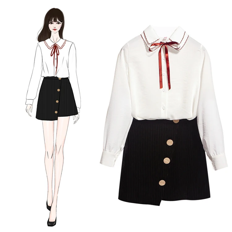 Herfst Nieuwe Koreaanse Witte Dubbele-kraag Vlinder Knoop Lange mouwen + Halve lengte Rok Twee- stuk Pak Herfst Nieuwe Koreaanse Witte Dubbele-kraag Vlinder Knoop Lange mouwen + Halve lengte Rok Twee- stuk Pak