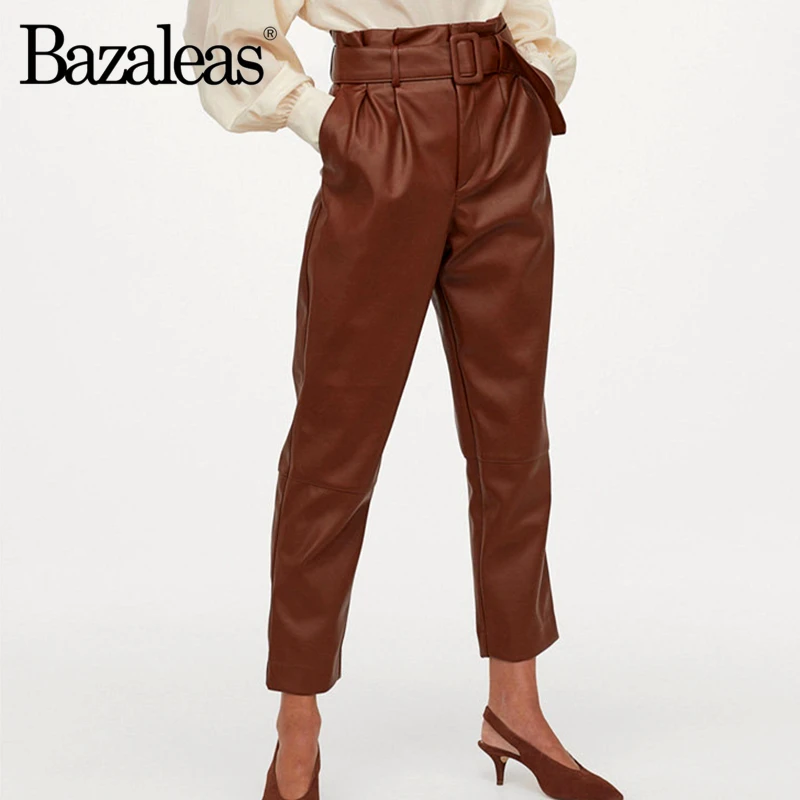 Bazaleas повседневные Прямые брюки цвета хаки из искусственной кожи, базовые брюки, длинные брюки в стиле ретро, офисные женские брюки с поясом и высокой талией