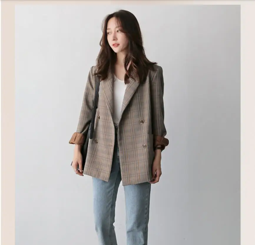 Vintage Plaid Blazer Women Spring/Autumn Loose Korean Women Suit Casual Blazer Fashion Office Ladies suit Blazers