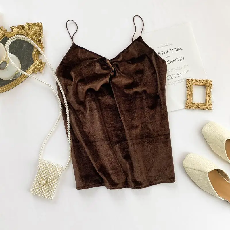 New Women's Lace Stitching Velvet Button Camisole Slim Cami Velour Female Sexy Sling Homewear Underwear Sleepwear