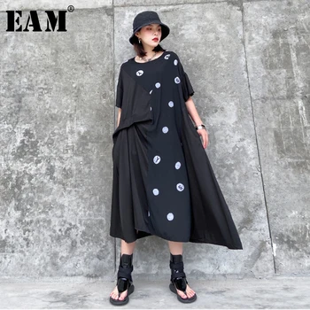 

[EAM] Women Black Dot Printed Pleated Big Size Dress New Round Neck Short Sleeve Loose Fit Fashion Spring Summer 2020 1S895