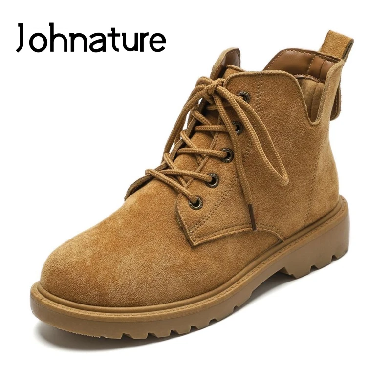 

Johnature Retro Women Shoes 2019 New Autumn Winter Platform Boots Lace-up Round Toe Sewing Leisure Solid Color Ankle Boots