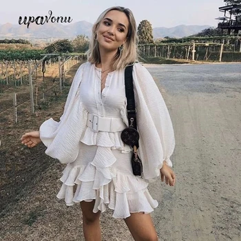 

2020 New Women'S Holiday Beach Style Dress Sexy Round Neck Belt Single-Breasted Design Lotus Leaf Lantern Sleeve Mini Dress