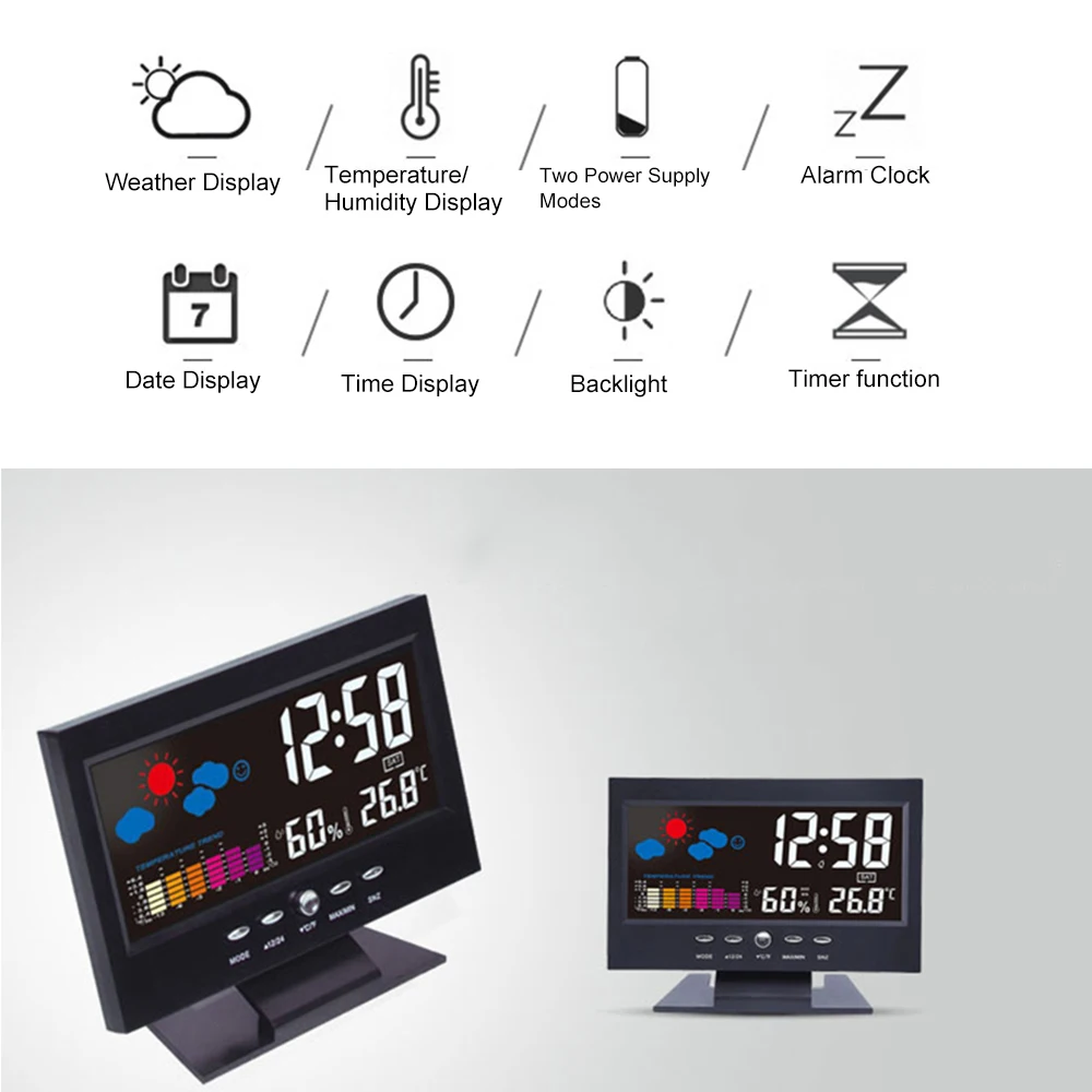 Будильник часы метеорологическая станция Подсветка ЖК-дисплей Экран цифровые часы с время/дата/неделя/Температура/Влажность/Погода Дисплей