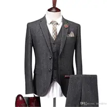 Свадебный смокинг, мужской костюм, 3 предмета, твид, Флейк, твид, шерсть, темно-серый цвет, на заказ, для лучших мужчин, Женихи, мужские смокинги(пиджак+ брюки+ жилет
