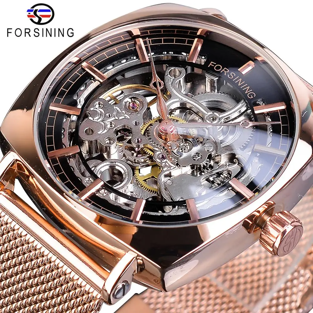 

Forsining Rose Gold Men Automatic Watch Business Square Transparent Steel Slim Mesh Belt Unisex Mechanical Wrist Watches Relogio