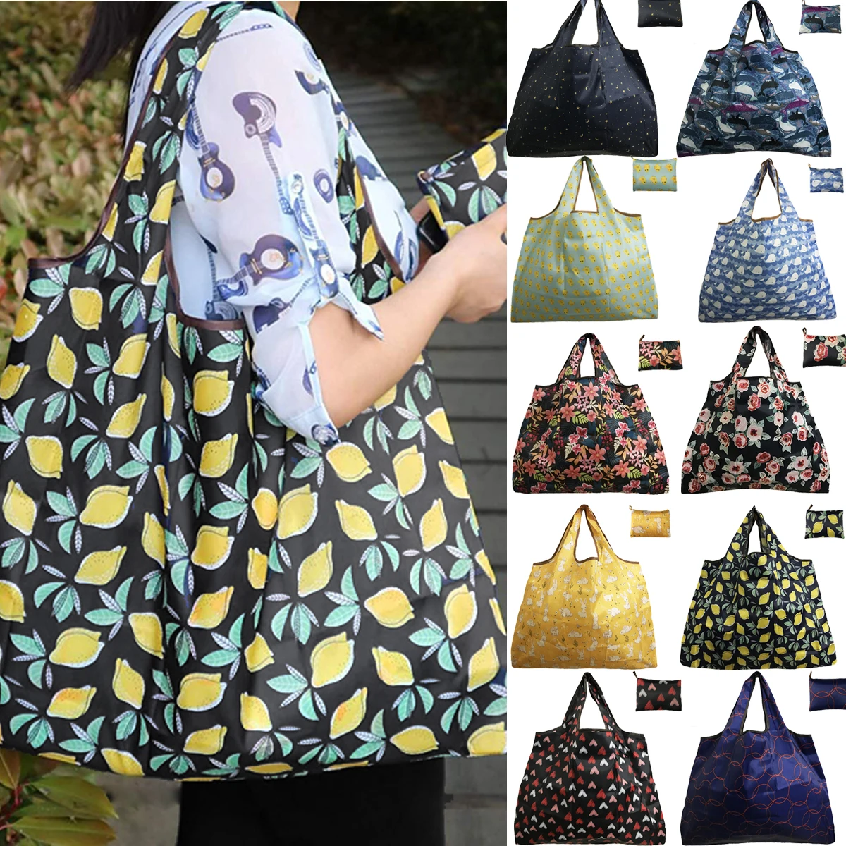 

Magic style Nylon Large Tote ECO Reusable Polyester Portable Shoulder Handbag Cartoon Green Folding Pouch Shopping Bag Foldable