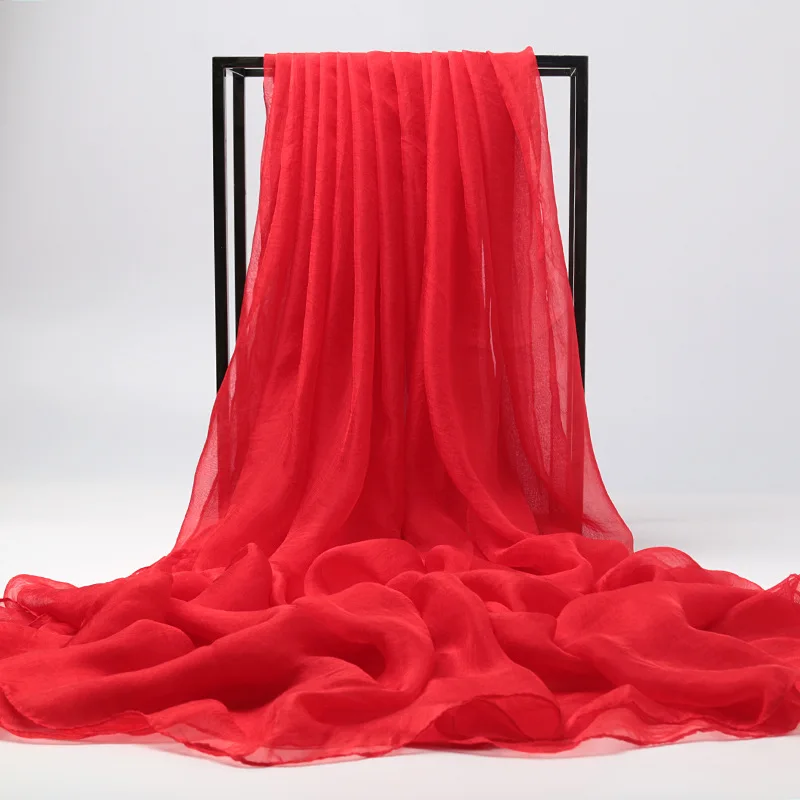 Plus Size 200*150 Cm Womens Solid Color Silk Scarves Long Chiffon Scarf Light Thin Sunscreen Shawl Summer Ladies Beach Scarf - Color: Red