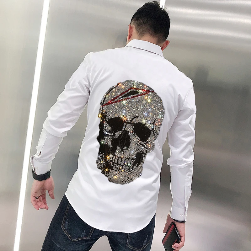 Original Design Men's Simple Hot Diamond Skull Style Spring T-Shirt Business Lapel Solid Color Long-Sleeved Overalls