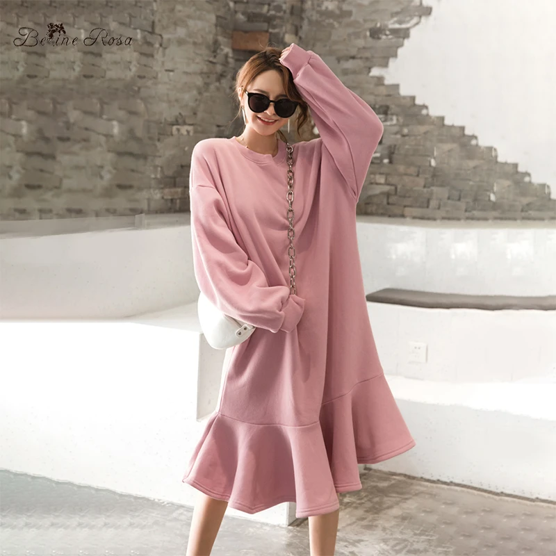 

BelineRosa L,XL,2XL,3XL Elegant Pink Black Casual Hoodies Dresses Loose Long Flocking CottonPlus Size Winter Dress HM000002