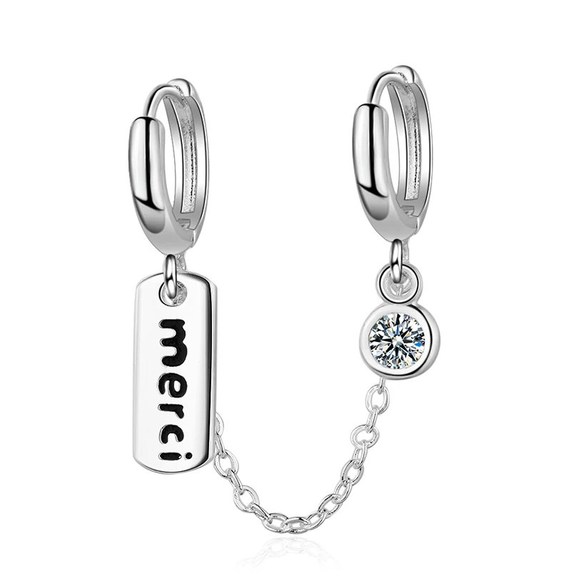 ANENJERY 925 Sterling Silver 1PC Punk Double Ear Hole Letter &quotMerci" Hoop Earring With Cubic Zircon Earrings For Women S-E962 |