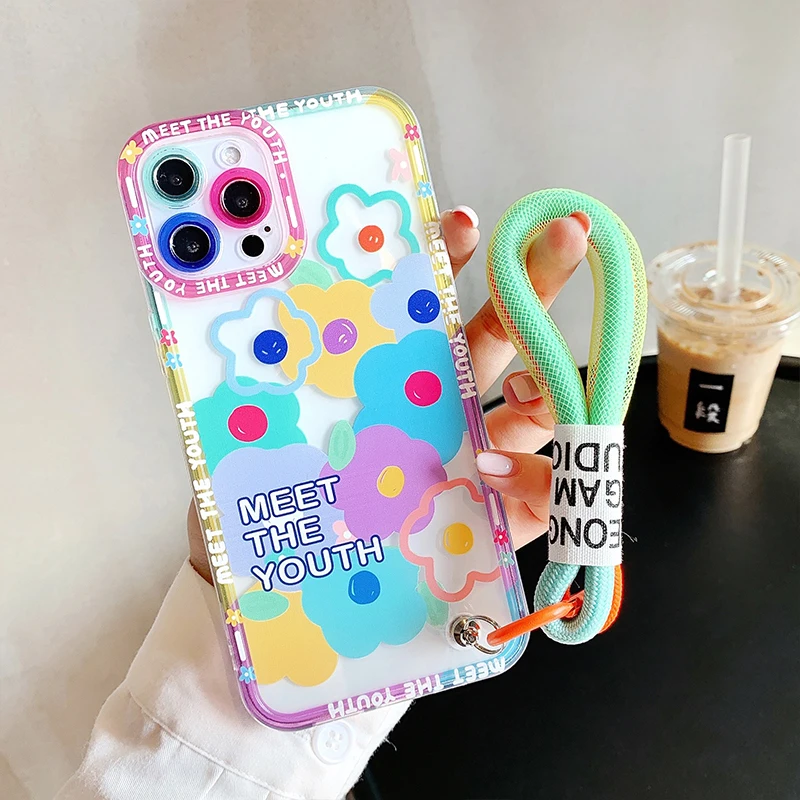 Colorful Flowers Smile Strap Lanyard Phone Case For iPhone 13 Pro Max 12 11 X XS XR 7 8 Plus Cute Fashion Transparent Soft Cover