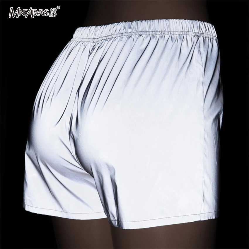 Mnealways18, свободные Светоотражающие Короткие повседневные шорты с высокой талией, Mujer, сексуальная уличная одежда для женщин, широкие женские шорты для девушек