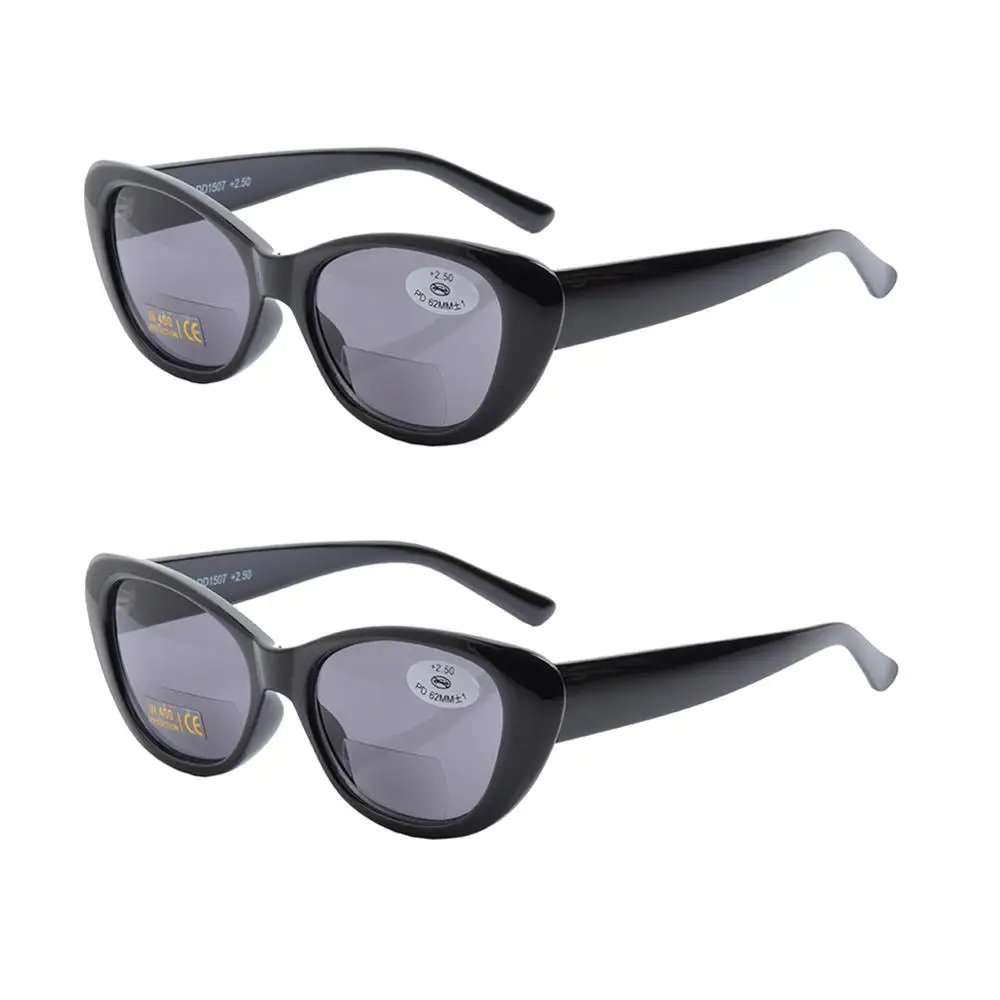 2PCSWomen's внутренние бифокальные очки для чтения модные CatEye Reader UV400 бифокальные солнечные очки для чтения бифокальные очки для чтения - Цвет оправы: 2 BLACK