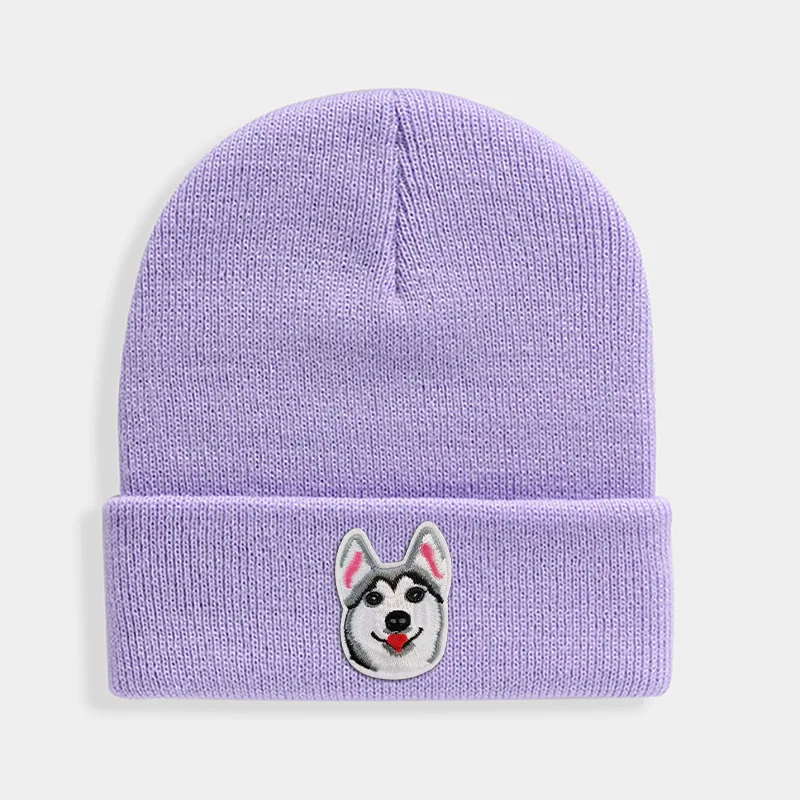 Huskies Hats Fashion Patches Sweet Beanie For Unisex Winter Brimless Stretchy Bonnet Solid Color Outdoor Cap Knitted Beanie - Цвет: Light Purple