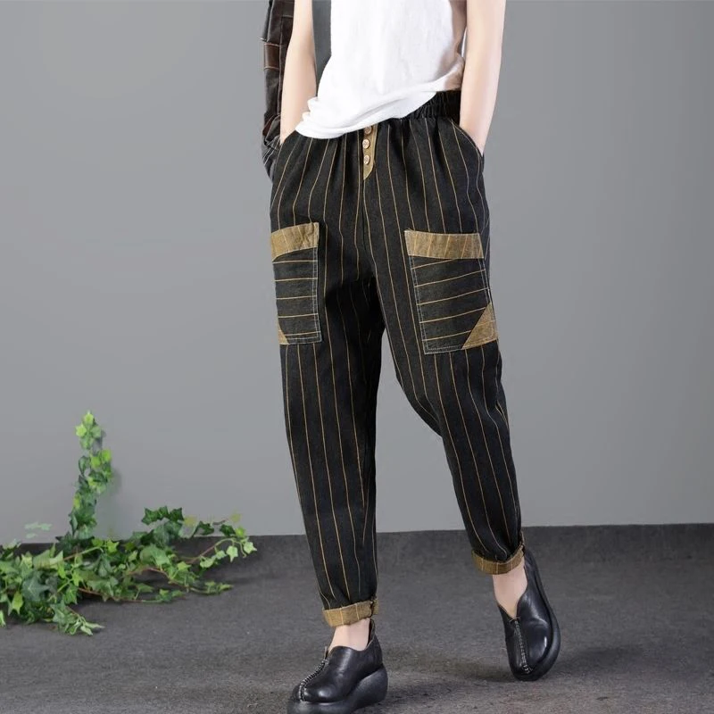 

Spring Autumn Arts Style Vertical Stripe Women Vintage Jeans Elastic Waist Cotton Denim Harem Pants Big Pocket Loose Jeans D462