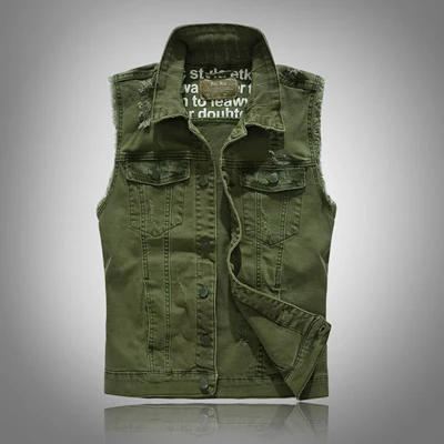 Зеленый British Fashion Men Vest Ripped Biker Cargo Coats Sleeveless Jackets Men Korean Style Streetwear Hip Hop Denim Vest Hombre - Цвет: Зеленый