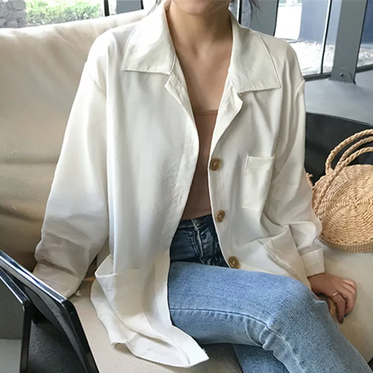 

MOKIJINS Women Summer Autumn Blouse Shirts Pockets Single Breasted Casual Loose Notched Soft Female Wild Tops Casual Solid Full