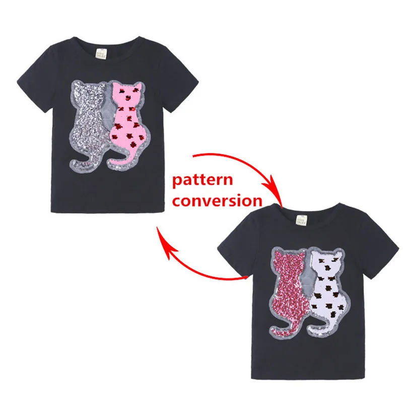 Летние футболки для девочек хлопковая Детская футболка с рисунком кота, Единорога и пайетками, Двусторонняя Футболка для мальчиков детская белая футболка с рисунком вспышки детская одежда