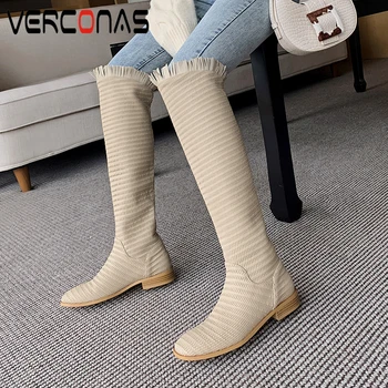 

VERCONAS Autunm Winter Warm Fashion Women Knee-High Boots Concise Fringe Slim Long Shoes Round Toe Casual Low Heels Boots Woman
