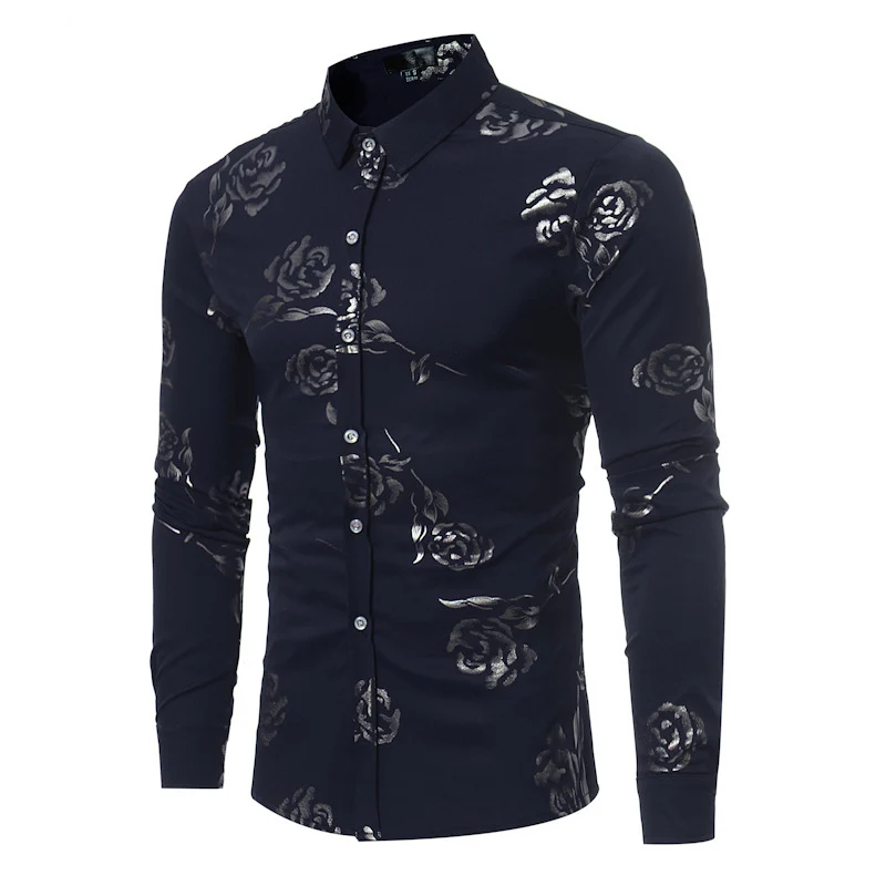 Осенние мужские рубашки, повседневная облегающая уличная блуза, черная рубашка с отворотом и длинными рукавами с принтом розы, топы