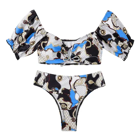 Brazilian Bikini Women Fashion Sexy Strap Sleeve Print Split Swimwear Two Piece Swimsuit Bikini Set maillot de bain
