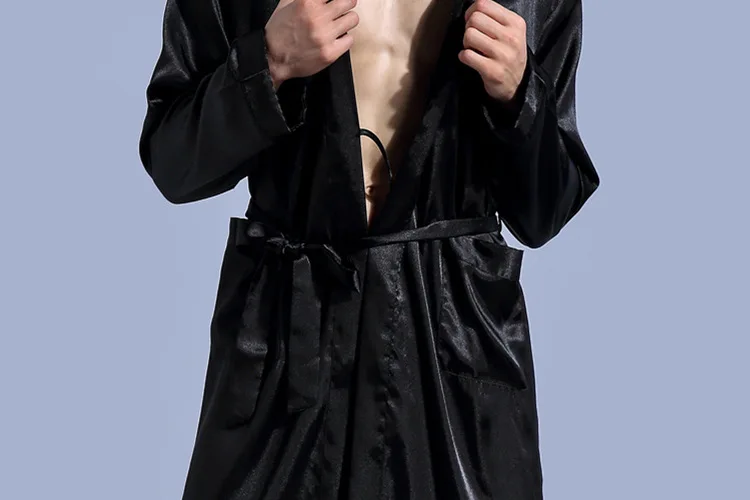 Черный мужской шелковый халат с длинным рукавом халат Летний мужской повседневный халат кимоно с v-образным вырезом юката фланелевый банный Халат