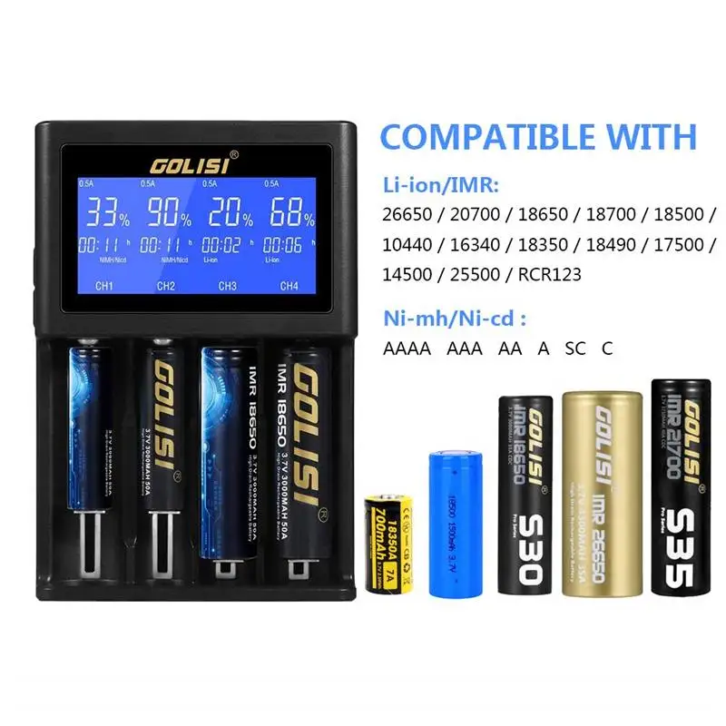 

GOLISI i4 Smart Charger LCD Screen Display USB Charging Intelligent 2A Fast Battery Charger 18650 26650 20700 Li-ion NIMH
