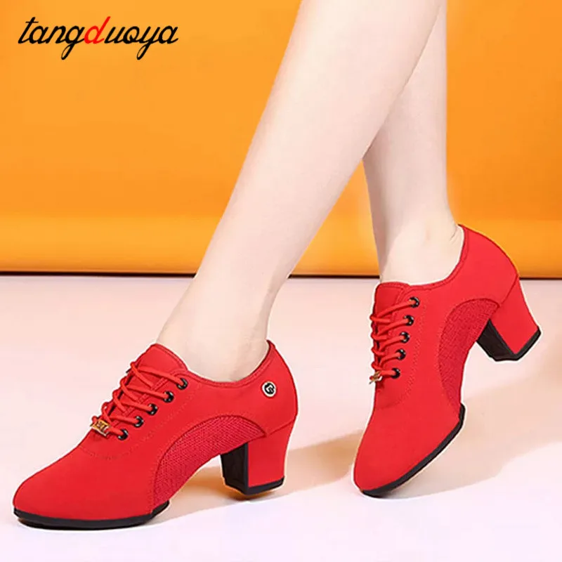Dance Shoes Woman's Latin Ballroom Dance Shoes Soft Sole Cloth Women Tango Practice Dance Shoes Middle Heel Ladies Non-Slip Sneakers