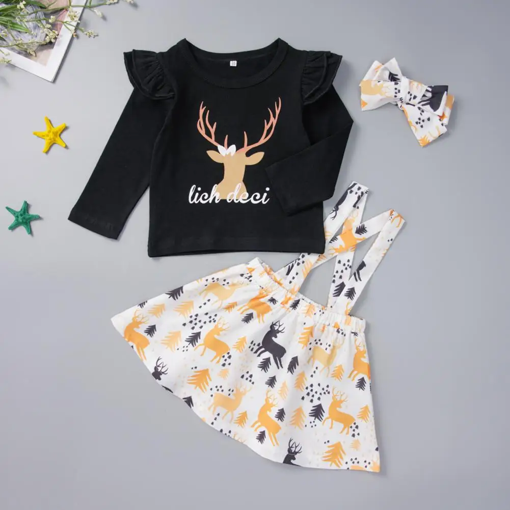

3Pcs/Set Baby Kids Girls T-Shirt + Skirt + Headband Set Deer Print Long Sleeve T-shirt Suspender Skirt Headband Outfit