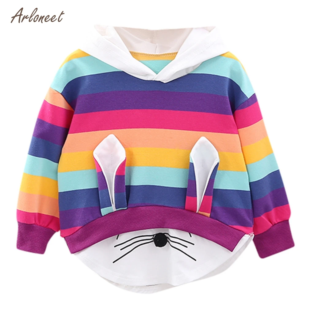 

ARLONEET Toddler Kids Baby Girls Striped Rainbow Cartoon rabbit Hooded Sweatshirt 2019 Autumn Winter Hoodie Outwear Clothes
