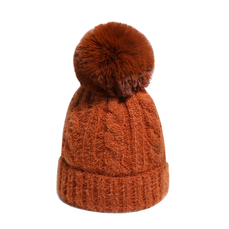 Зимние шапки с бубоном из натурального меха для женщин и мужчин вязаная шапочка шапка теплый трикотаж s мужские однотонные шляпы спортивные толстые - Цвет: B