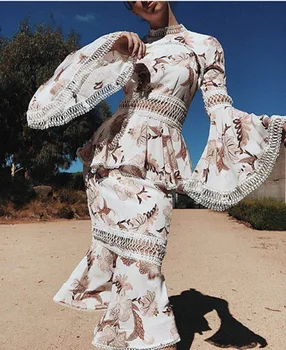 

2019 New Style Autumn dress Empire Flare sleeve Lace Partchwork Hollow Out Print Sexy Women celebrity body con dresses wholesale