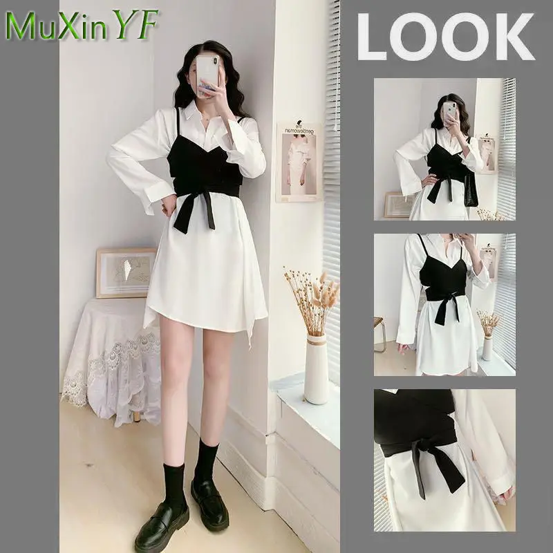 

Autumn Shirt Dress Suit Korean Fashion Light Dresses Chic Women Elegant Long Sleeve Sexy Bowknot Midi Skirt Set Female Clothing