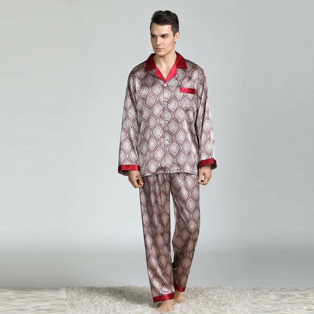 Мужские пижамы Осень-зима модные мягкие шелковые мужские пижамы с длинным рукавом с цветочным принтом Пижамный костюм pijama Hombre