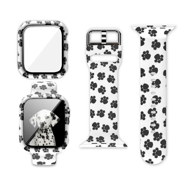 Case+Bands for Apple Watch Band 44 40 42 38mm with Screen Protector Cover, Glass+Silicon Wristband Strap for iWatch SE 654321 Dog Footprints