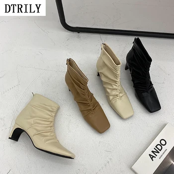 

Fashion Pleated Ankle Boots for Women Shoes Zip Square High Heels Work Boot Ladies Short Booties Autumn Winter Zapatos De Mujer