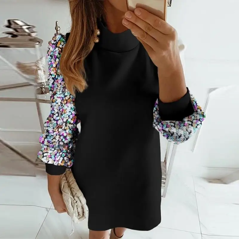 

Sequins Women Turtleneck Button Short Dress Elegant White Office Lady A-Line Dress Fall Long Sleeve Party Dress