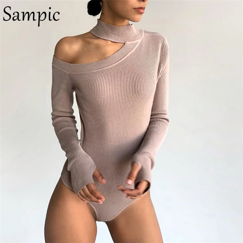 bodysuits Sampic Fashion Autumn Sexy Women Casual Turtleneck White Knitted Basic Bodysuit Tops Hollow Out Skinny Off Shoulder Body Suit black bodysuit