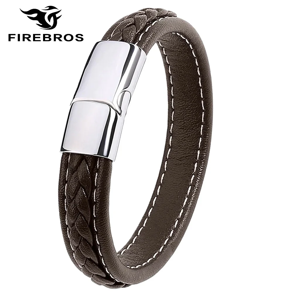 FIREBROS серебряный цвет нержавеющая сталь Магнитная застежка коричневый плетеный браслет из натуральной кожи браслет мужские ювелирные изделия Прямая поставка