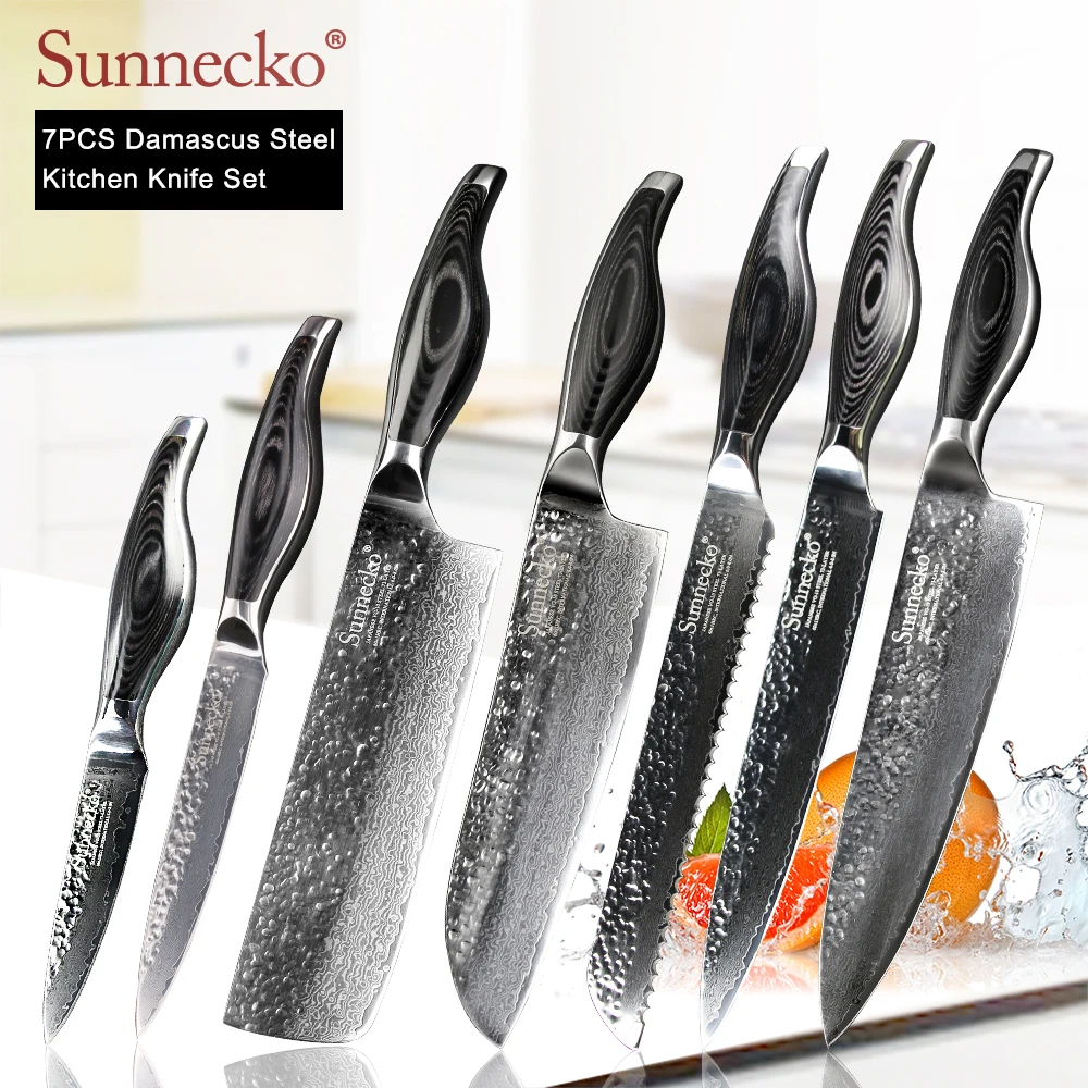 

SUNNECKO Damascus Utility Paring Santoku Bread Slicing Knife Japanese VG10 Steel Blade Kitchen Chef Knives Set Pakka Wood Handle