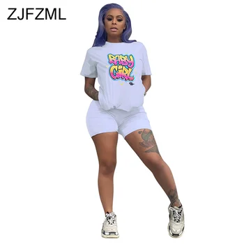

High Street Two Piece Tracksuit Woman Sets Gradient Letter Print Loose Tops+Bodycon Shorts Summer Clothes 2 Piece Sets Outfits