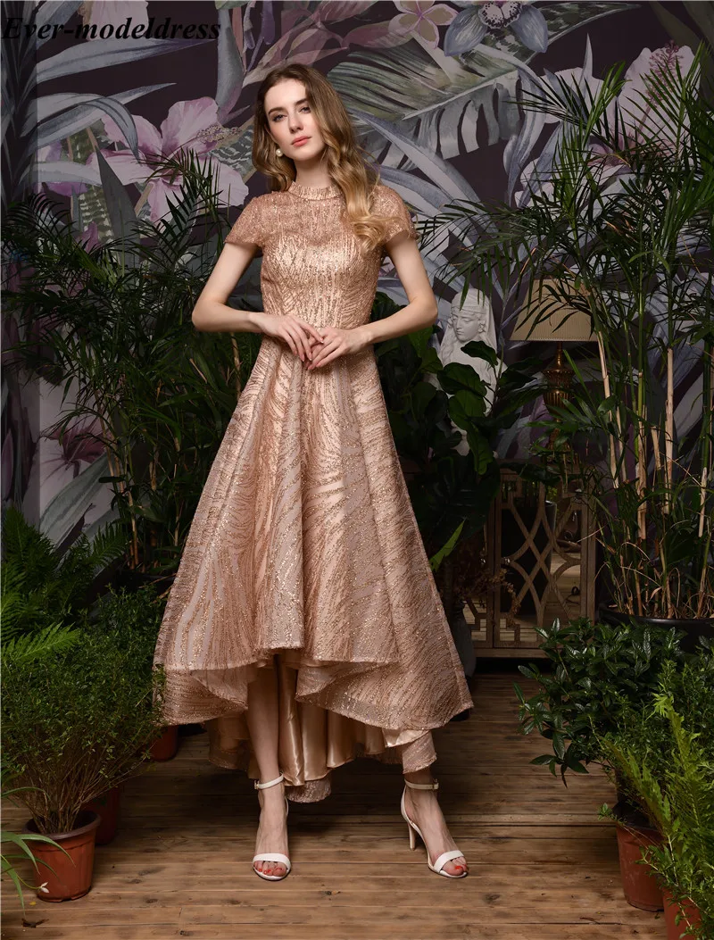 

Shiny High Low Prom Dresses 2020 Rose Gold Short Sleeves A-Line Formal Evening Party Gowns Vestido De Festa