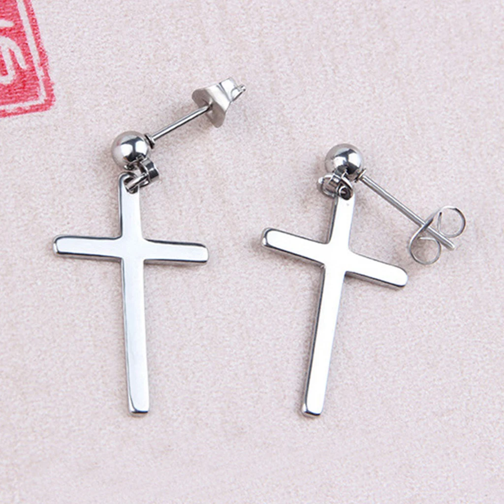 2 Pieces Religious Christ Cross Dangle Earrings Ball Studs with Stoppers Ear Piercings with Stoppers Pair