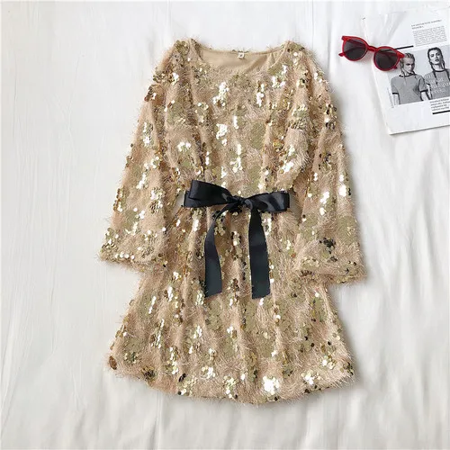 apricot Neploe Blingblilng женские платья с блестками, с кисточками, в стиле пэчворк, с длинным рукавом, в Корейском стиле, Vestidos, Осень-зима, тонкий галстук-бабочка, платье 55937 - Цвет: apricot