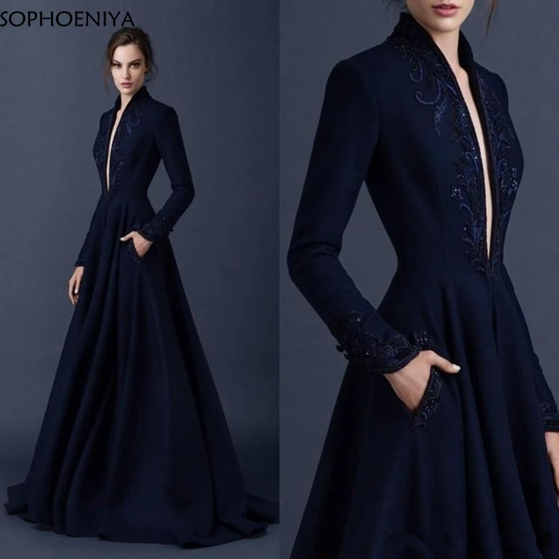 

New arrival V Neck Long sleeve evening dresses 2019 Muslim evening dress Party robe de soiree Formal dress evening gown